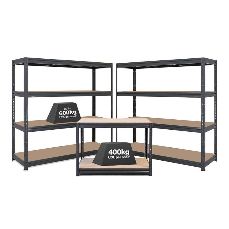 2x HRX Industrial Shelving - 1770mm High & 1x HRX Workbench - 1200mm Wide - Grey