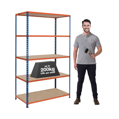 1x SX200 Industrial Shelving - 1830mm High - 200kg - Chipboard - Blue & Orange