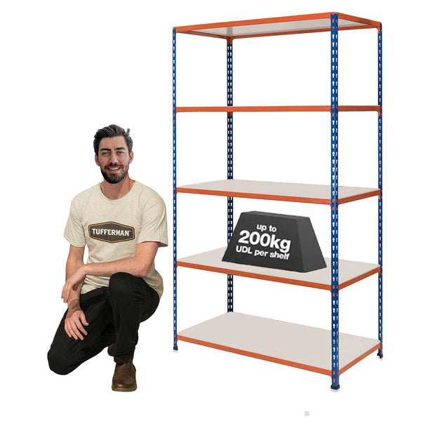 1x SX200 Industrial Shelving - 1830mm High - 200kg - Melamine - Blue & Orange