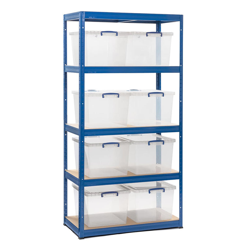 1x VRS Shelving Unit - 1800mm High - Blue with 8x 33.5L Really Useful Boxes