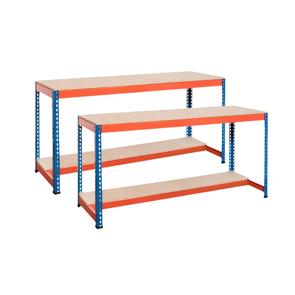 2x SX400 Workbench - Lower Half Shelf - 915mm High - 400kg - Chipboard - Blue/Orange