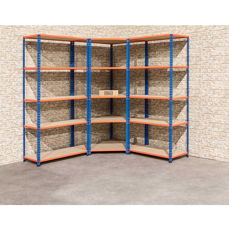 1x SX340 Industrial Corner Shelving - 1980mm High - 340kg - Chipboard - Blue & Orange
